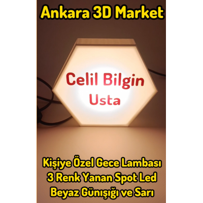Kişiye Özel Gece Lambası Altıgen (220v Spot Led 3 Renk 5watt)